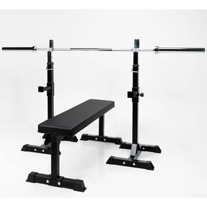 Pack Garage Gym · Rack + Banca Plana + Barra