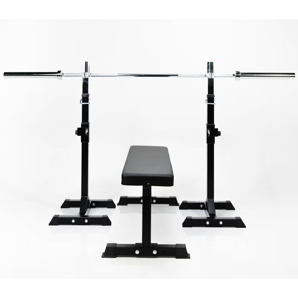 Pack Garage Gym · Rack + Banca Plana + Barra